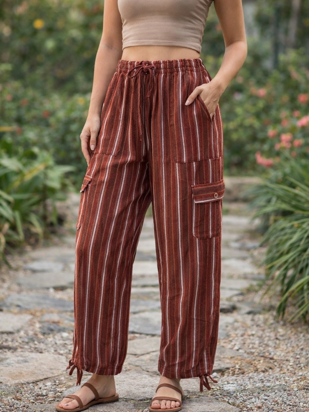 Peru/Ecuador Handmade Cotton Brown Striped Boho Pants Joggers Unisex Large